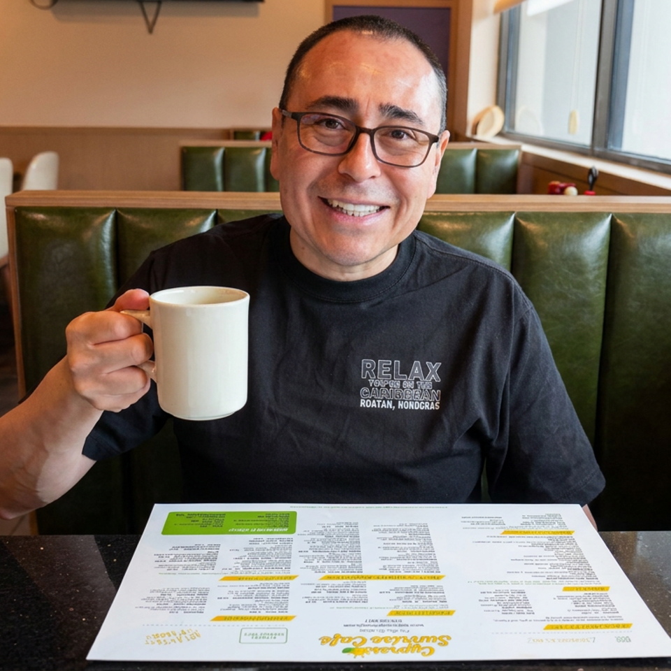 Smiling man holding a white coffee mug at a restaurant booth, with a menu on the table and large windows behind him.